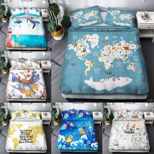 LJJYF Ropa De Cama Sabanas,Juego de Cama Estilo Mapa náutico en 3D, Funda nórdica con 2 Fundas de Almohada, habitación para niños Individual King-O_175 * 218cm (3pcs)