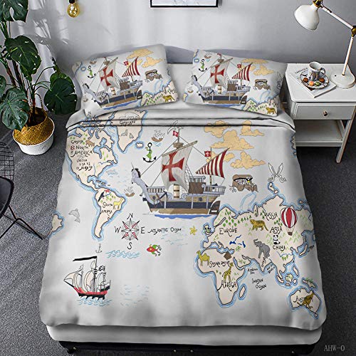 LJJYF Ropa De Cama Sabanas,Juego de Cama Estilo Mapa náutico en 3D, Funda nórdica con 2 Fundas de Almohada, habitación para niños Individual King-O_175 * 218cm (3pcs)