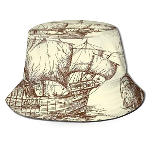 LLALUA Unisex Summer Fisherman Cap,Merchant Ship Banana Monkey Parrot Boat Historical Sketch Style Artwork,Travel Beach Outdoor Sun Hat