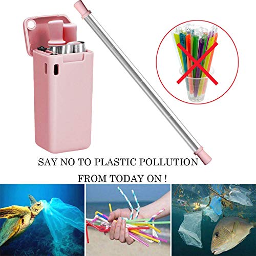 LOBKIN Pajitas Plegable de Acero Inoxidable Reutilizable, compuesta de Acero Inoxidable y Silicona de Grado alimenticio, portátil con Soporte para Estuche rígido y Cepillo de Limpieza (Rosa)
