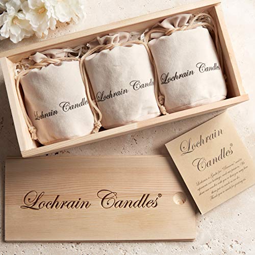 LOCHRAIN Set Velas Perfumadas de Soja – Aromaterapia Ecológica – Lavanda, Vainilla Francesa y Néctar de Durazno - Velas Aromaticas con Aceites Esenciales y Productos Botánicos - Caja de Madera