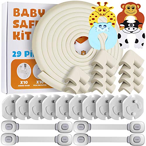 Locn 29 Piezas Kit Seguridad Bebe, 10 Protector Esquinas Niños,10 Seguridad Enchufes Bebes, 5 Metros Protector de Esquinas y Bordes, 4 Cierres Seguridad Bebe, 4 Protector Puertas Niños