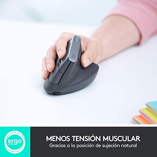 Logitech MX Vertical Ratón Inalámbrico Ergonómico, Multi-Ordenador, 2.4 GHz/Bluetooth con Receptor Unifying USB, Seguimiento Óptico 4000 DPI, 4 Botones, Carga Rápida, Portátil/PC/Mac/iPad OS, Negro