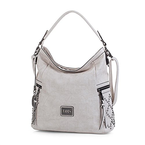 Lois - Bolso de Mujer Grande Tipo Hobo. Asa Larga y Bandolera. Cuero PU y Remaches. para Diario Paseo o Compras. Cómodo y Resistente. Marca Calidad y Bonito Diseño. 93970, Color Blanco Roto