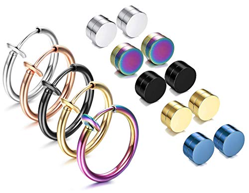 LOLIAS 10 PCS Acero Inoxidable Pendientes para Mujeres Hombres Pendientes Magnéticos Clip Aro Pendientes Circulares Multicolores Pendientes Sin Agujero