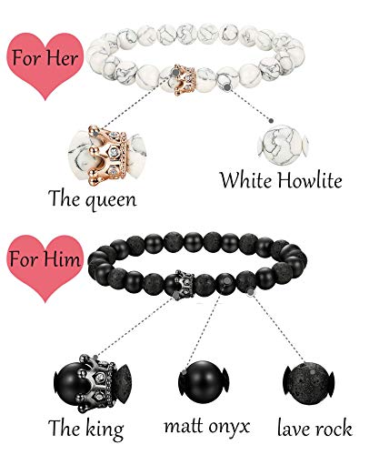 LOLIAS 8Piezas 8MM Distancia Pulsera Piedra Pulseras Hombre Mujer Pareja Brazalete Blanca Piedra de Lava Pulsera Difusor Pulsera Elástic Amistad Relación Pulsera Amor His Queen Her King