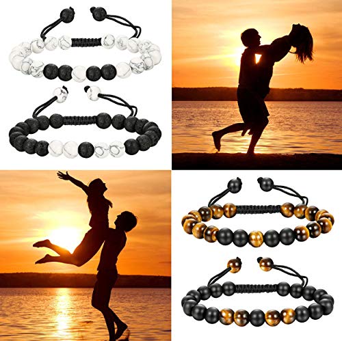 LOLIAS 8Piezas 8MM Distancia Pulsera Piedra Pulseras Hombre Mujer Pareja Brazalete Blanca Piedra de Lava Pulsera Difusor Pulsera Elástic Amistad Relación Pulsera Amor His Queen Her King
