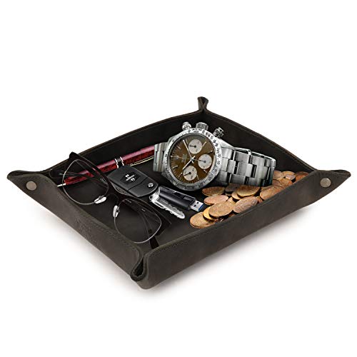 Londo Organizador de bandeja de piel auténtica, práctica caja de almacenamiento para carteras, relojes, llaves, monedas, teléfonos móviles y equipo de oficina, Verde Caqui (OTTO283)