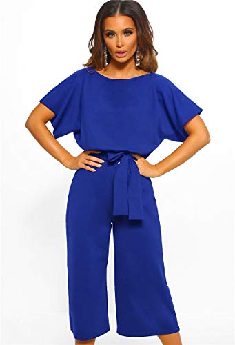 Longwu Mujeres Casual Elegante Cintura Alta Mono de Manga Corta Pantalones de Pierna Ancha Ocasionales Mamelucos Sueltos con cinturón Azul Real-S
