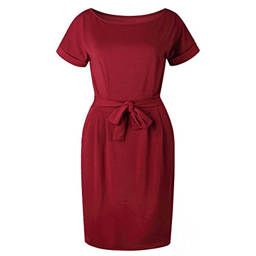 Longwu Vestido de Manga Corta Elegante de Las Mujeres para Trabajar el Vestido Ocasional del lápiz con la Correa Vino Rojo-L