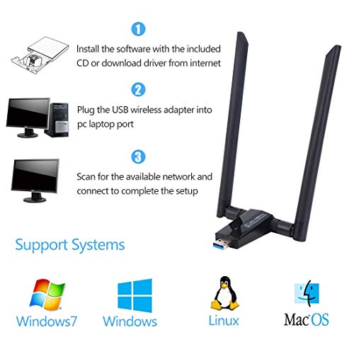 LONOSUN Adaptador inalámbrico WiFi Dongle-USB 1200 Mbps (Plug and Play, no Requiere instalación de Controlador), Adaptador USB WiFi para PC/Computadora de Escritorio/portátil/Tableta con Antena Dual