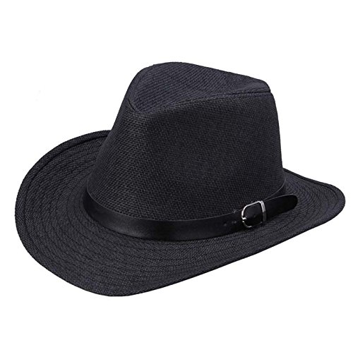 LOPILY Sombrero de Panamá Sombrero de Playa Sombrero para El Sol Verano Sombrero de Paja Protección UV para Hombres con Grosgrain Sencillo Sombrero de Cinta Casual Gorra de montañismo (Negra)