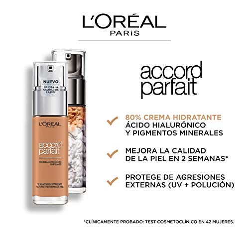 L'Oréal Paris Accord Parfait, Base de maquillaje acabado natural con ácido hialurónico, tono piel medio 3N, 30 ml