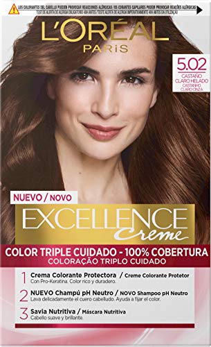 L'Oréal Paris Excellence - Crema Colorante Permanente Triple Cuidado con Pro-Keratina y Savia Nutritiva, Tono 5.02 Castaño Claro Helado