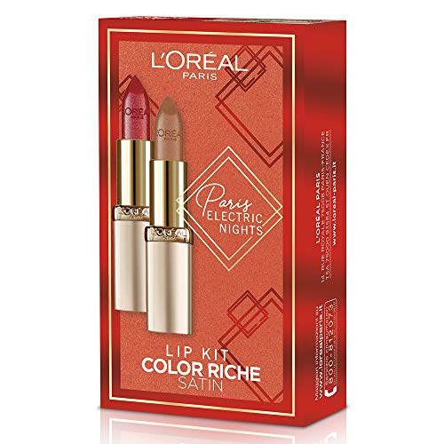 L'Oréal Paris Makeup - Estuche de regalo para mujer, 2 barras de labios satinadas, color Riche, 345 Cherry Crystal y 116 Charme Doré