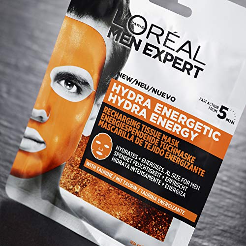 L'Oréal Paris Men Expert Hydra Energetic, Mascarilla de Tejido Energizante para Hombres - paquete de 4