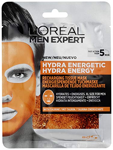 L'Oréal Paris Men Expert Hydra Energetic, Mascarilla de Tejido Energizante para Hombres - paquete de 4