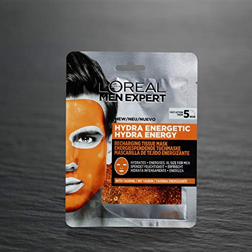 L'Oréal Paris Men Expert Hydra Energetic, Mascarilla de Tejido Energizante para Hombres - paquete de 4