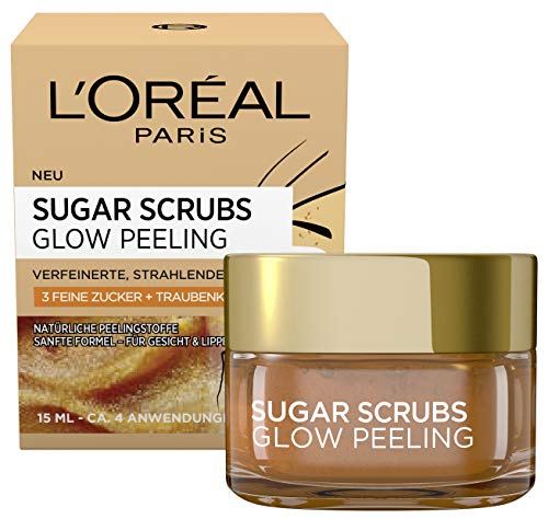 L'Oréal Paris Sugar Scrubs Glow - Exfoliante facial con azúcar y aceite de pepitas de uva para una piel lisa y radiante, 2 unidades (2 x 15 ml)