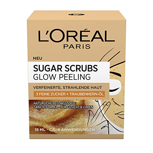 L'Oréal Paris Sugar Scrubs Glow - Exfoliante facial con azúcar y aceite de pepitas de uva para una piel lisa y radiante, 2 unidades (2 x 15 ml)