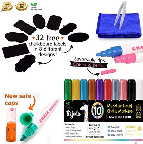 Los Rotuladores de Tiza Líquida, 10 Colores Metálicos Rotulador para Utilizar en la Pizarra Blanca, el Pizarrón, la Ventana, Los Bistrós, con 32 Etiquetas, 1 Pinza y Paño de Limpieza