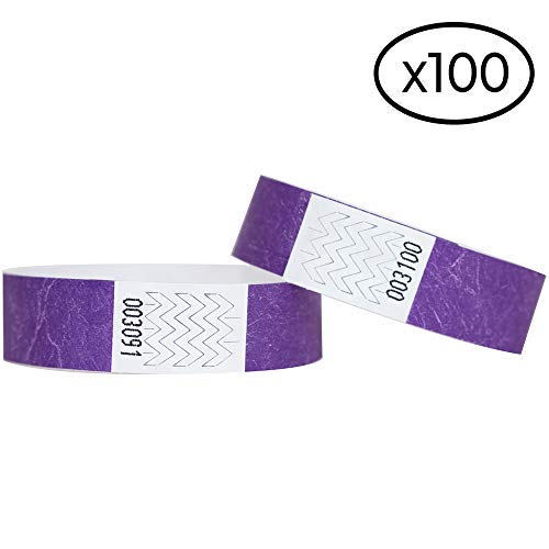Lote de 100 pulseras de papel tyvek de 19 mm para eventos, festivales - A prueba de rasgaduras y personalizables - 12 colores disponibles (Púrpura)