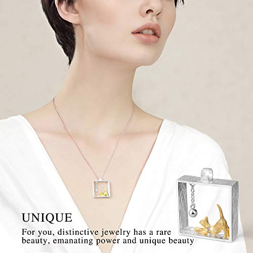 Lotus Fun - Collar de plata de ley 925 con colgante de gato jugando bolas con collares, cadena de eslabones de 43 cm, hecho a mano, joyería única para mujeres y niñas