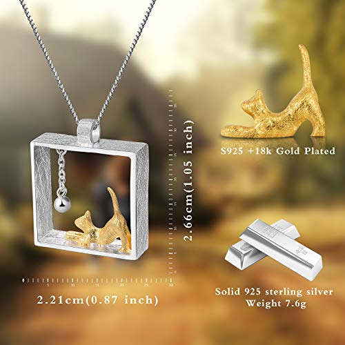 Lotus Fun - Collar de plata de ley 925 con colgante de gato jugando bolas con collares, cadena de eslabones de 43 cm, hecho a mano, joyería única para mujeres y niñas