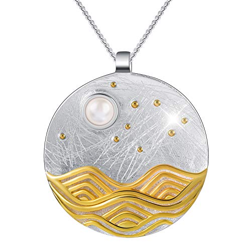 Lotus Fun S925 Collar de Plata de Ley Colgante de Luna en el mar Colgante con Cadena de eslabones Longitud 17 Pulgadas, joyer¨ªa Hecha a Mano para Mujeres y ni?as