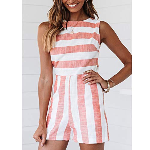 Lover-Beauty Mono Corto Mujer Verano Casual Raya Vendaje en Cintura Alta con Bosillo Hombro Descubierto Sin Manga Cuello Colgante Casual Oficina Piernas Anchas