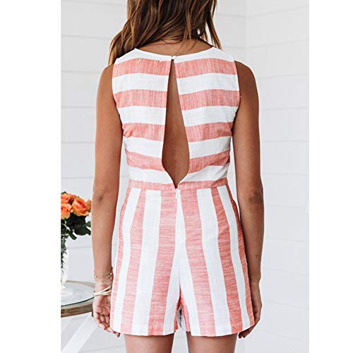 Lover-Beauty Mono Corto Mujer Verano Casual Raya Vendaje en Cintura Alta con Bosillo Hombro Descubierto Sin Manga Cuello Colgante Casual Oficina Piernas Anchas