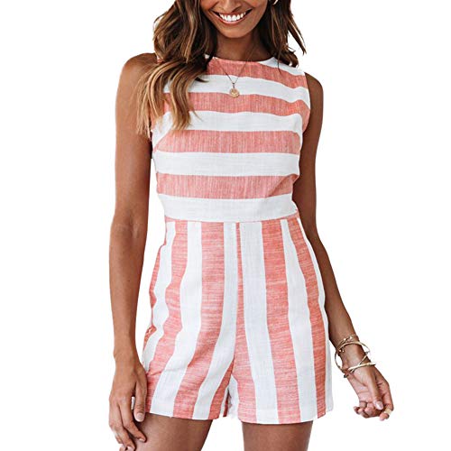 Lover-Beauty Mono Corto Mujer Verano Casual Raya Vendaje en Cintura Alta con Bosillo Hombro Descubierto Sin Manga Cuello Colgante Casual Oficina Piernas Anchas