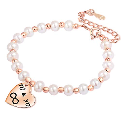 LOVORDS Pulsera Mujer Grabado Plata de Ley 925 Corazón Infinito Perlas Cultivadas Blancas de Agua Dulce Regalo Amor Esposa Novia