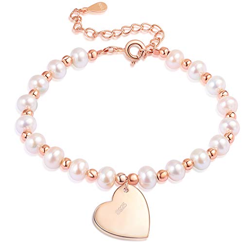 LOVORDS Pulsera Mujer Grabado Plata de Ley 925 Corazón Infinito Perlas Cultivadas Blancas de Agua Dulce Regalo Amor Esposa Novia