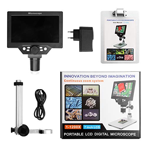 LQKYWNA Microscopio Digital HD de 7 Pulgadas 1200X ángulo Ajustable con 8 Resalte Regulables Luz Micro SD de Almacenamiento de Cámara del Teléfono Móvil de Reparación LED