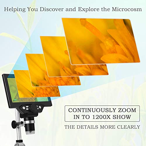 LQKYWNA Microscopio Digital HD de 7 Pulgadas 1200X ángulo Ajustable con 8 Resalte Regulables Luz Micro SD de Almacenamiento de Cámara del Teléfono Móvil de Reparación LED