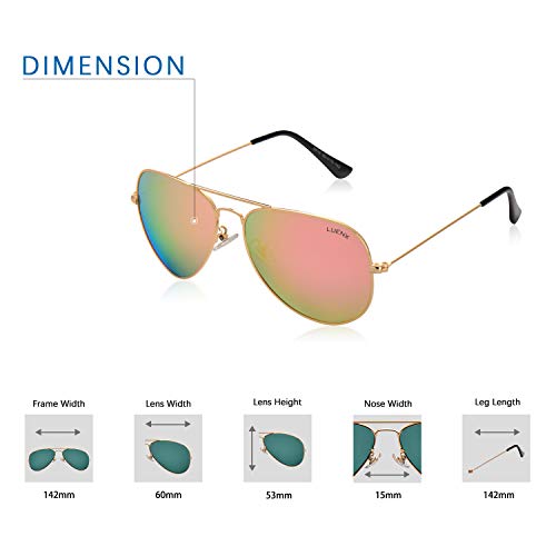 LUENX Hombre Mujer Aviador Polarizado gafas de sol con el caso - UV 400 Espejo de Protección Rosa Lente Marco de Dorado 60mm