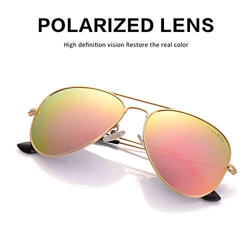 LUENX Hombre Mujer Aviador Polarizado gafas de sol con el caso - UV 400 Espejo de Protección Rosa Lente Marco de Dorado 60mm