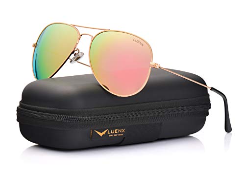 LUENX Hombre Mujer Aviador Polarizado gafas de sol con el caso - UV 400 Espejo de Protección Rosa Lente Marco de Dorado 60mm