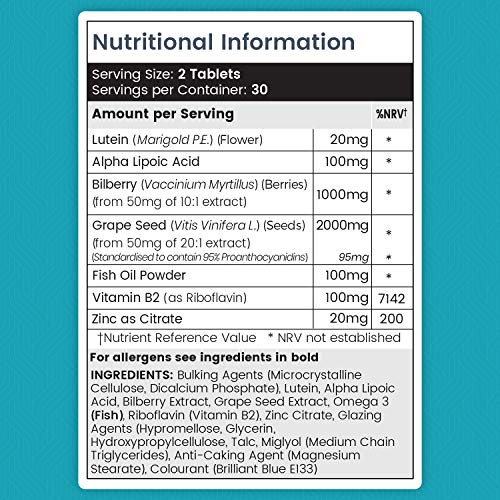 Luteína Cápsulas Dosis 20mg - Suplemento Natural Para Ojos con Vitaminas, Minerales y Antioxidantes, Con Zinc, Omega 3 y Vitamina B, Protege y Mejora Salud Ocular, Para Vista Cansada, 60 cápsulas