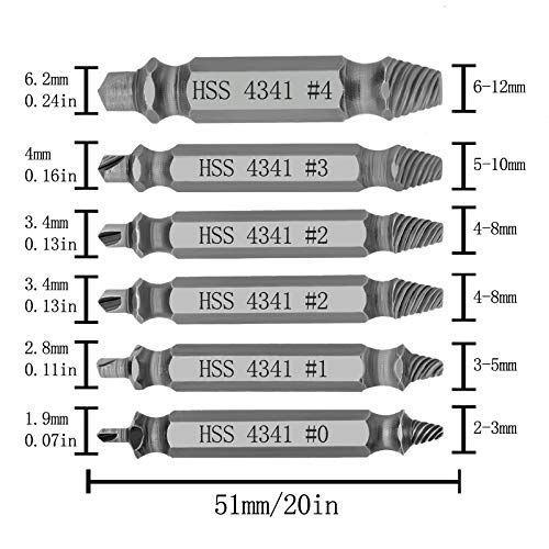 LUTER 6 Piezas Juego De Extractor De Tornillos, Juego De Extractor De Tornillos Dañados, Para Electrodomésticos, Automóviles, Máquinas, Pomos De Puertas - HSS 4341, Dureza 63-65 HRC