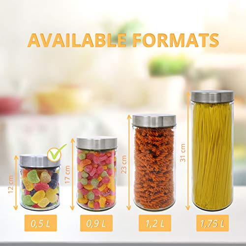 Luxury & Grace Pack 4 Botes de Cristal, 0,5 L (12x10 cm), con Tapa de Acero Inoxidable. Tarros de Cristal.