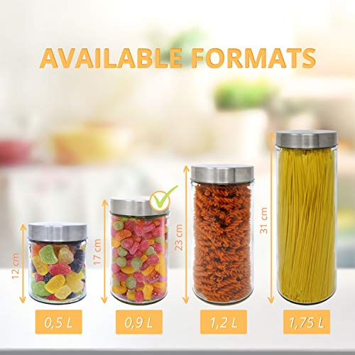 Luxury & Grace Pack 4 Botes de Cristal, 0,9L (17x10 cm), con Tapa de Acero Inoxidable 304. Tarros de Cristal.
