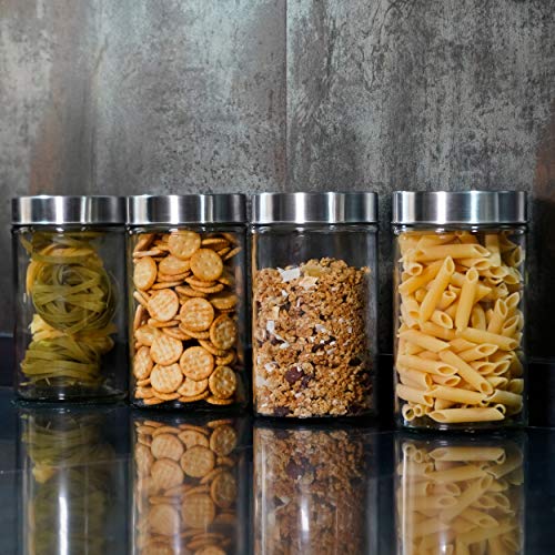 Luxury & Grace Pack 4 Botes de Cristal, 0,9L (17x10 cm), con Tapa de Acero Inoxidable 304. Tarros de Cristal.