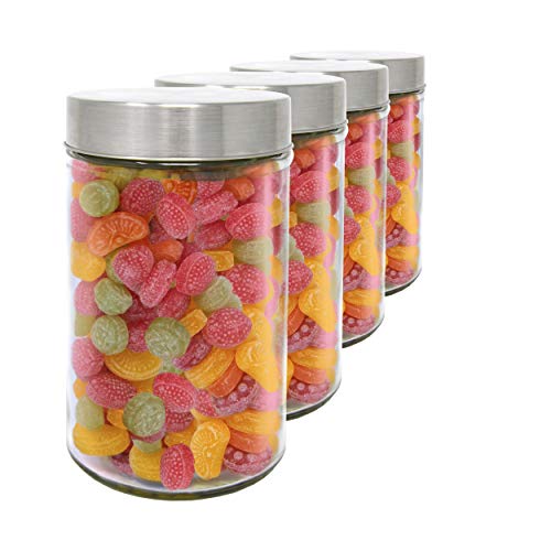 Luxury & Grace Pack 4 Botes de Cristal, 0,9L (17x10 cm), con Tapa de Acero Inoxidable 304. Tarros de Cristal.