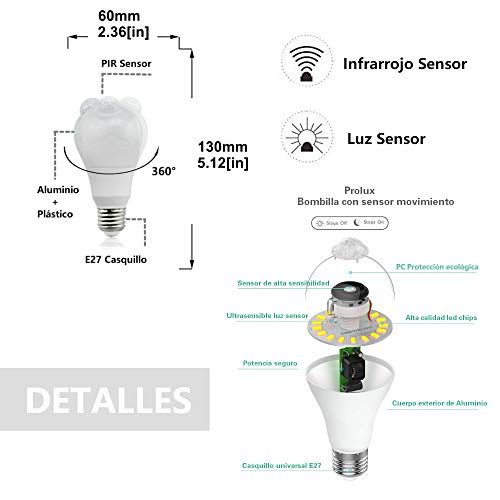 Luxvista Bombilla E27 5W LED Sensor de Movimiento, Blanco Cálido 2800K, Sensor PIR+Sensor de Luz, Infrarrojo Encendido/Apagado Automático, Luz Nocturna Lámpara Exterior/Interior