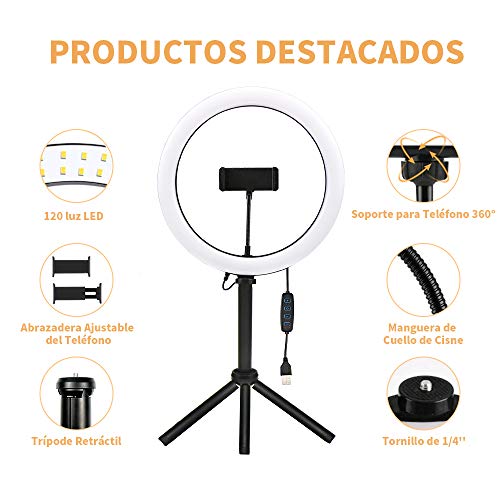 Luz de Anillo de 10 Pulgadas,3 Colores 10 Brillos Regulables,Luz de Anillo LED Selfie con Trípode Stand,Control Remoto Bluetooth, Anillo de Luz para Móvil Selfie Maquillaje,Youtube,TIK Tok Live