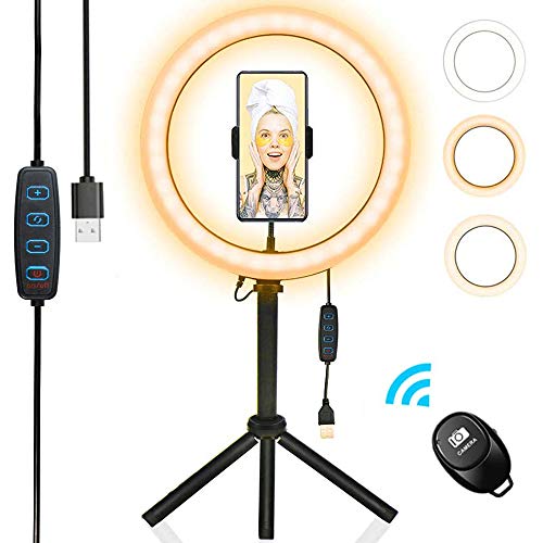 Luz de Anillo de 10 Pulgadas,3 Colores 10 Brillos Regulables,Luz de Anillo LED Selfie con Trípode Stand,Control Remoto Bluetooth, Anillo de Luz para Móvil Selfie Maquillaje,Youtube,TIK Tok Live