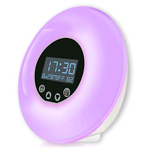 Luz de despertador, Careslong luz de cabecera de alarma de alarma 7 con simulación de amanecer/atardecer, control táctil de luz nocturna con 9 colores y 18 brillo, radio FM/control remoto
