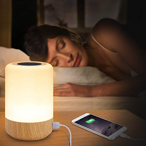 Luz de Nocturna LED, Amouhom Lámpara de Mesita de Noche hay 4 puertos USB, puede cambiar el color, ajustar el brillo para proteger los ojos de niños, utilizar en el dormitorio o salón